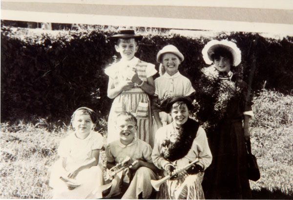 Copy of a photograph taken at Llangwm Carnival Pembrokeshire 1956 People named l &ndash; r Roger Lewis, Glyn Hunt, Owen Morgan, Front Row Bryn Hunt, Albert John, Brian Allen